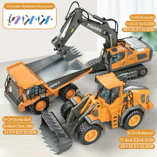 4pcs Set Remote Control Engineering Vehicle Set, 2.4G High-Tech 11-Channel Remote Control Excavator Dump Truck Bulldozer Alloy Plastic Engineering Vehicle Remote Control Construction Toy Car Set-Lingkun