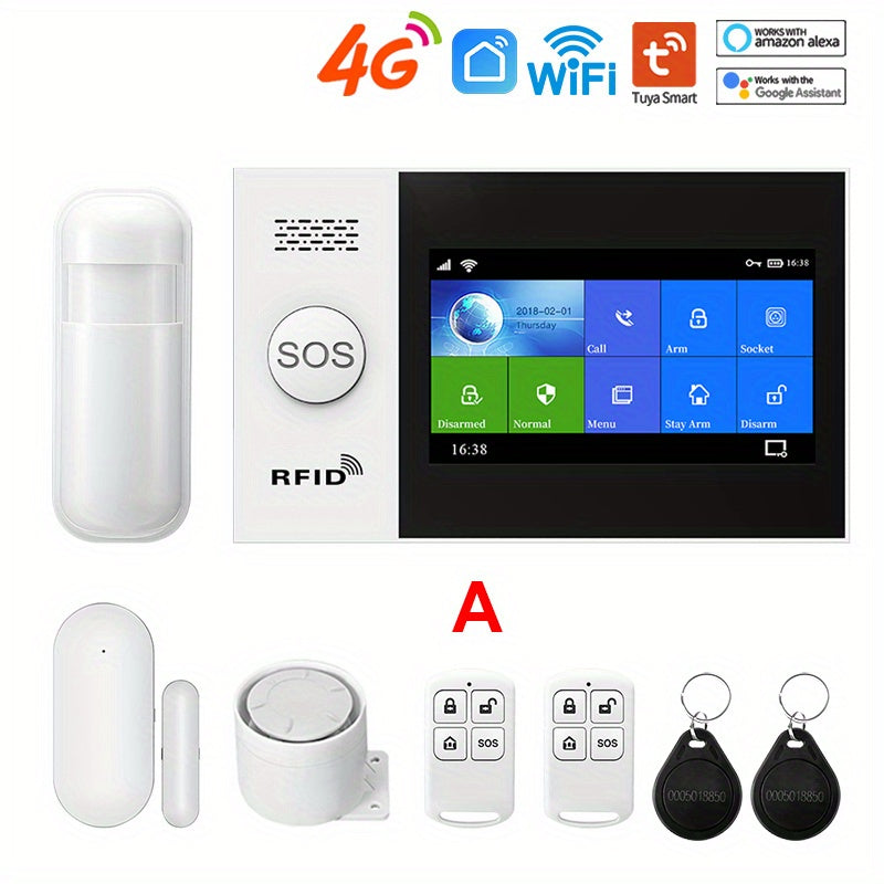 4G Wireless Home Security Touchscreen Alarm System WiFi Wireless Smart Home Burglar Alarm System with SMS Push Support, Compatible with Alexa And Google, DIY Wireless Burglar Alarm System, PGST