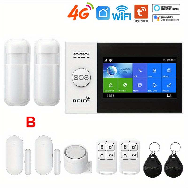 4G Wireless Home Security Touchscreen Alarm System WiFi Wireless Smart Home Burglar Alarm System with SMS Push Support, Compatible with Alexa And Google, DIY Wireless Burglar Alarm System, PGST