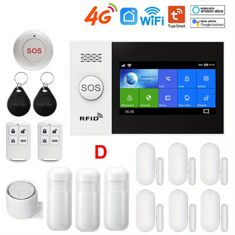 4G Wireless Home Security Touchscreen Alarm System WiFi Wireless Smart Home Burglar Alarm System with SMS Push Support, Compatible with Alexa And Google, DIY Wireless Burglar Alarm System, PGST