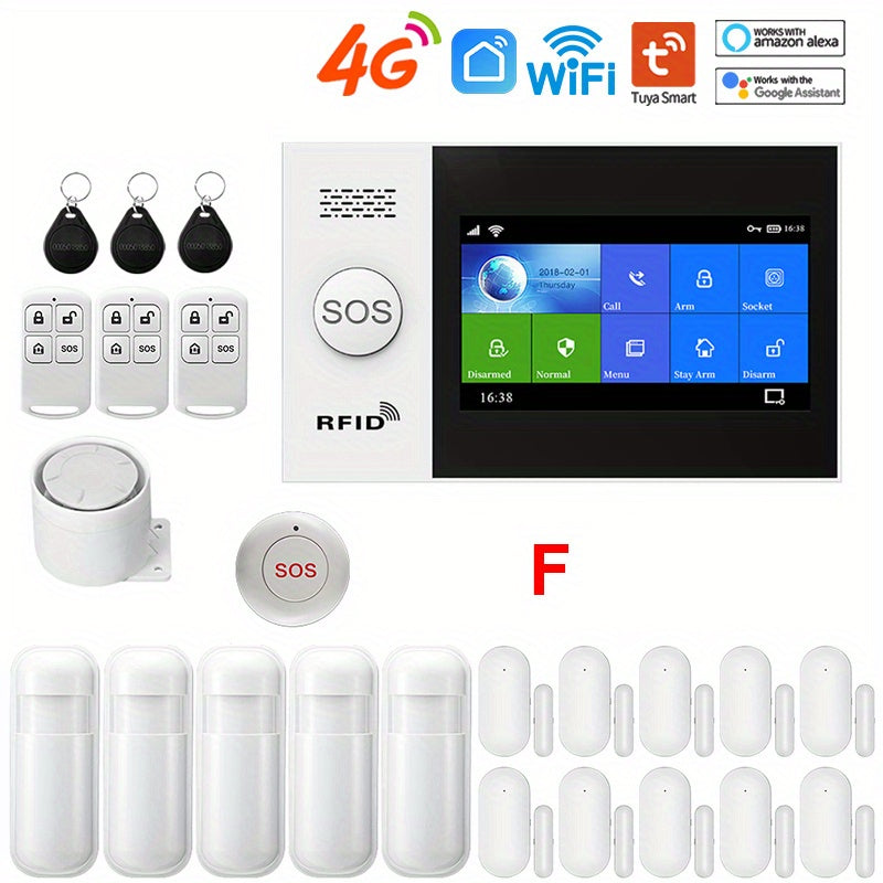 4G Wireless Home Security Touchscreen Alarm System WiFi Wireless Smart Home Burglar Alarm System with SMS Push Support, Compatible with Alexa And Google, DIY Wireless Burglar Alarm System, PGST