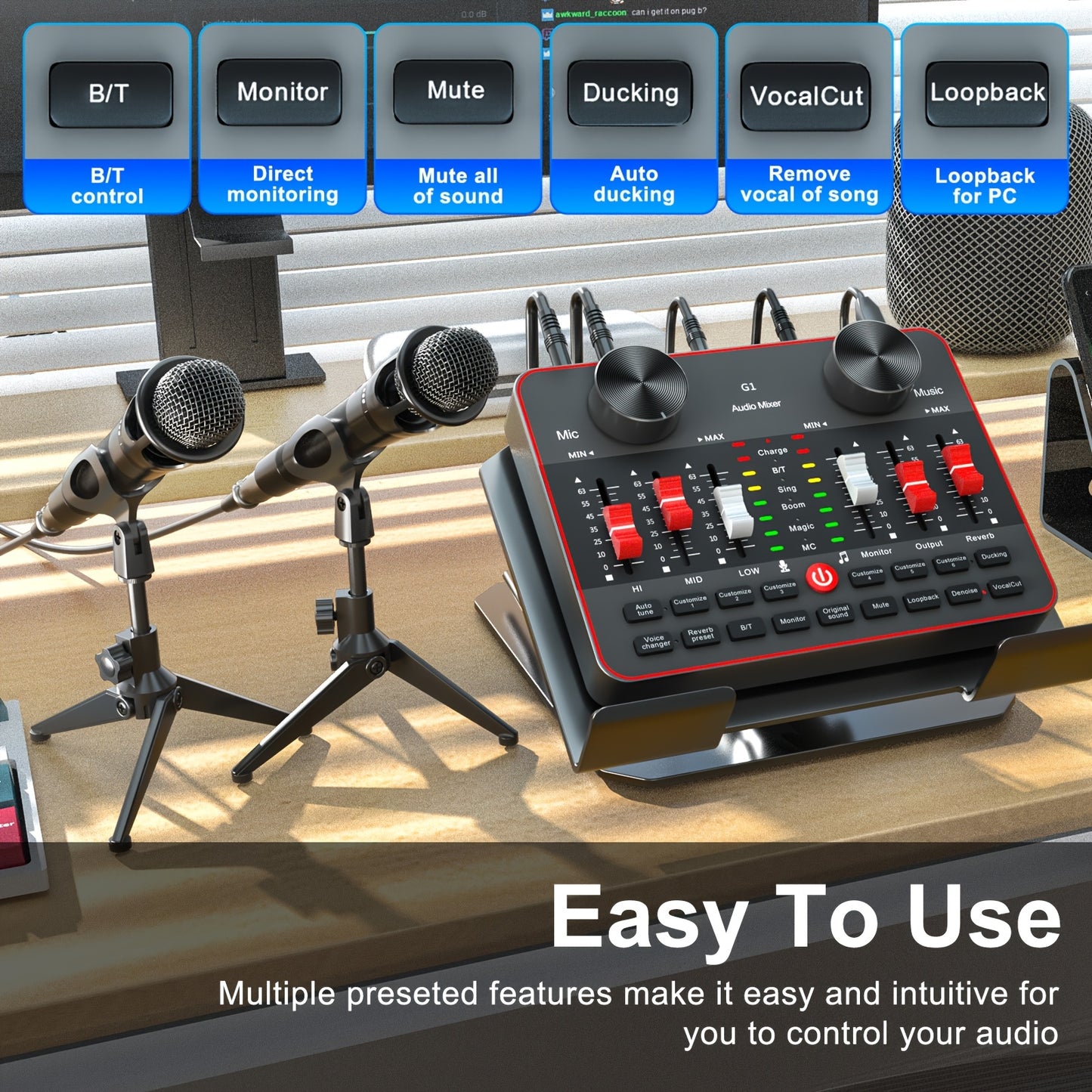 All-in-One Podcast Equipment with Audio Interface DJ Mixer with 2 Condenser Microphones, Recording Studio Kit Live Sound Card for Singing Broadcast, Live Streaming, Gaming