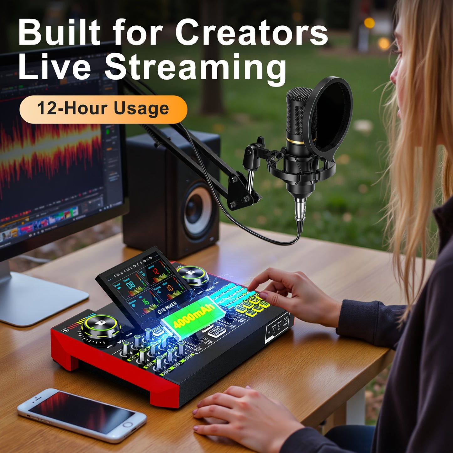 Podcast Equipment Package Live Sound Card Audio DJ Mixer Sound Effect Card Multi-device Compatibility, One-key Noise Reduction Design RGB Lighting Design, 3.5 6.5 Microphone Interface for Karaoke, Streaming Media, Mobile Phon