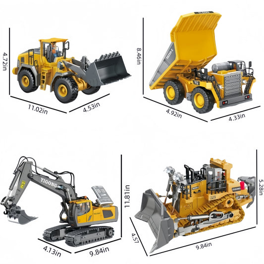 4Pcs set Remote control engineering vehicle set, 2.4G high-tech 11-channel remote control excavator dump truck bulldozer alloy plastic engineering vehicle remote control construction toy car set