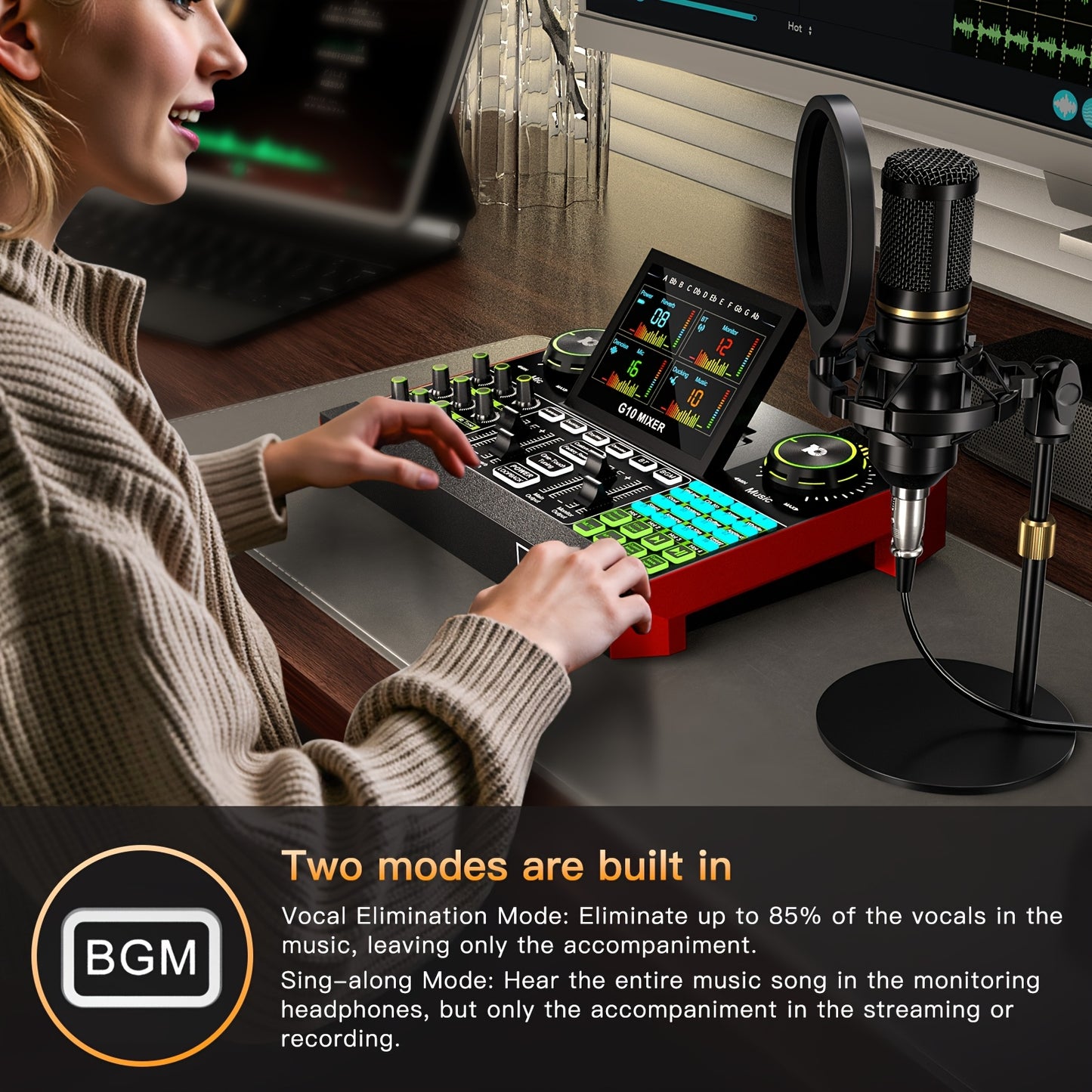 This Mic Mixer Set Podcast Influencer KOL Singing Gaming DJ Mixing Station Controller Equipment Studio Professional Recording Electronic Music Mixer Power Karaoke Machine Available Dynamic Condenser Wired Microphone Portable
