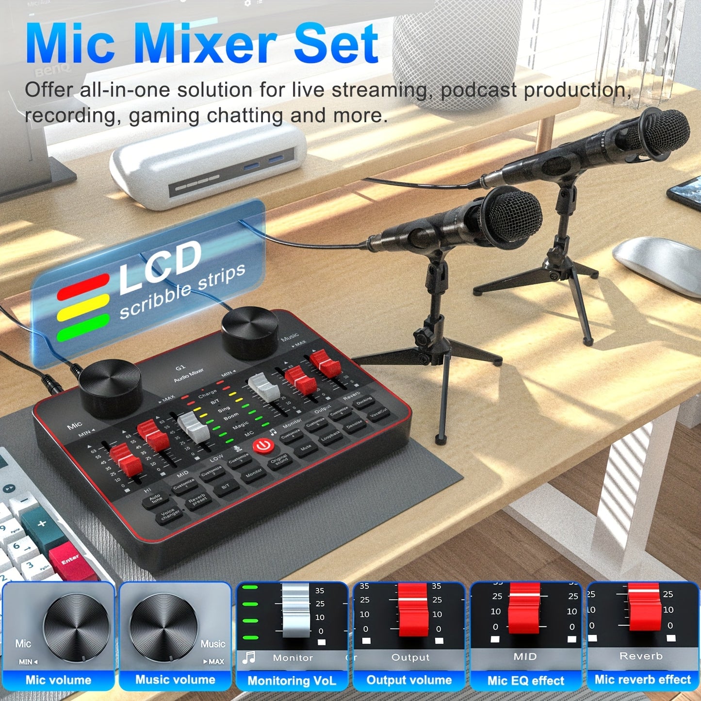 All-in-One Podcast Equipment with Audio Interface DJ Mixer with 2 Condenser Microphones, Recording Studio Kit Live Sound Card for Singing Broadcast, Live Streaming, Gaming