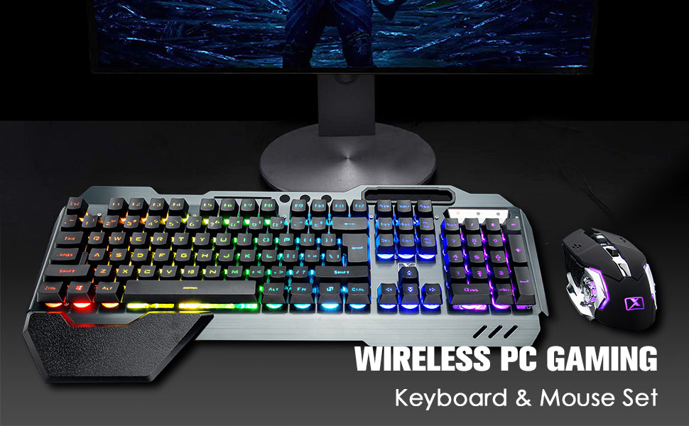 K680 Wireless Gaming Keyboard and Mouse Combo,Rainbow LED Backlit Keyboard with Rechargeable 3800mAh Battery Metal Panel