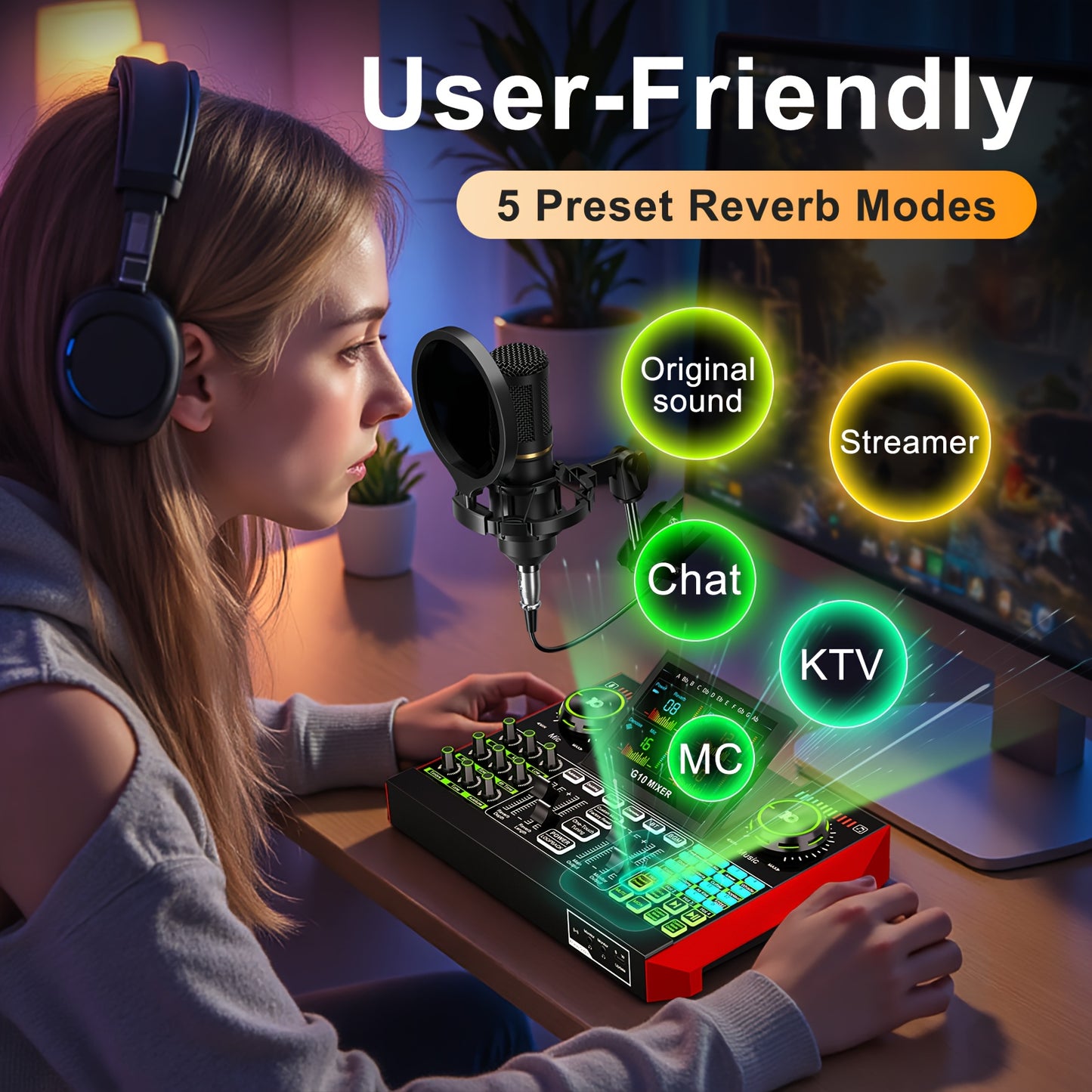 Podcast Equipment Package Live Sound Card Audio DJ Mixer Sound Effect Card Multi-device Compatibility, One-key Noise Reduction Design RGB Lighting Design, 3.5 6.5 Microphone Interface for Karaoke, Streaming Media, Mobile Phon