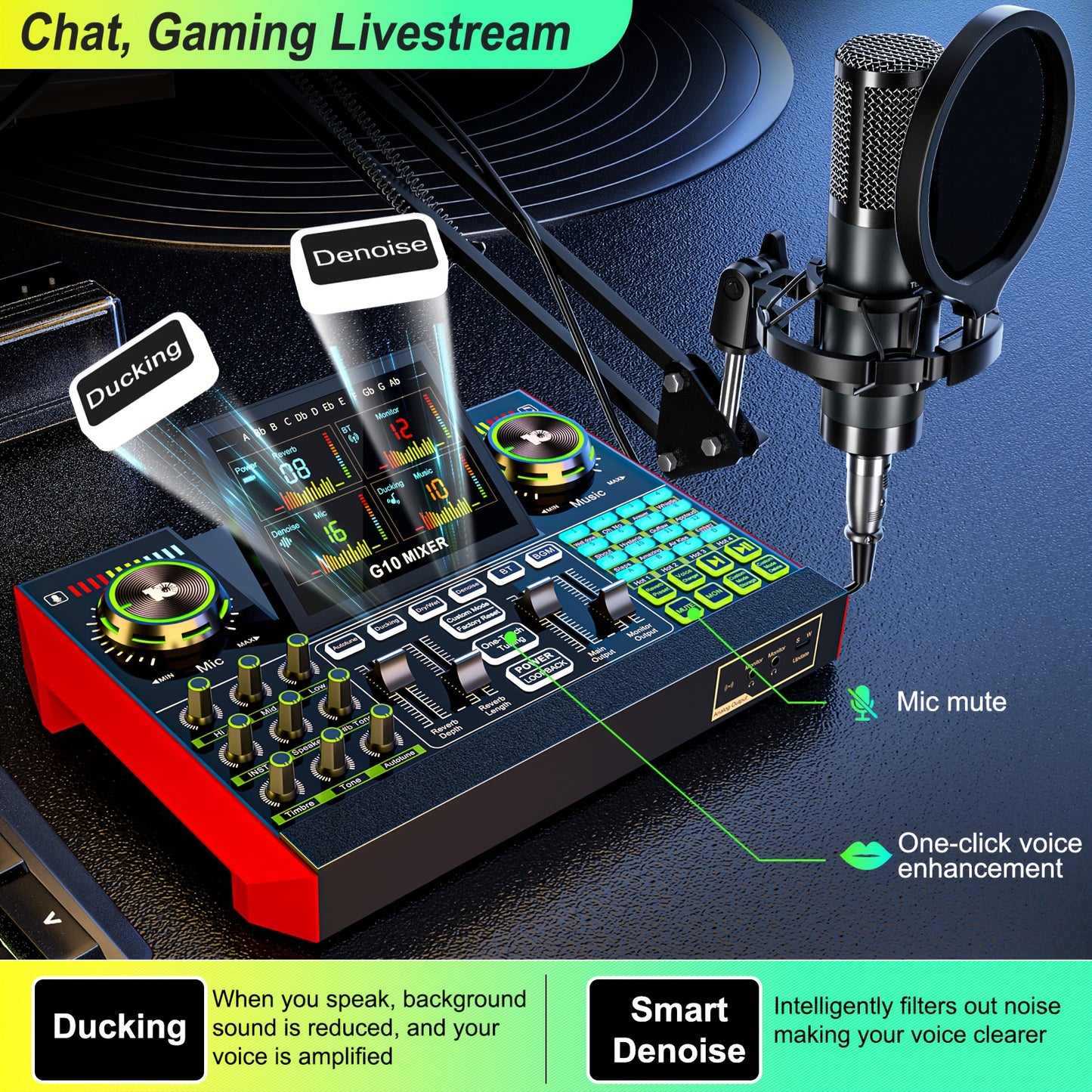 This Mic Mixer Set Podcast Influencer KOL Singing Gaming DJ Mixing Station Controller Equipment Studio Professional Recording Electronic Music Mixer Power Karaoke Machine Available Dynamic Condenser Wired Microphone Portable