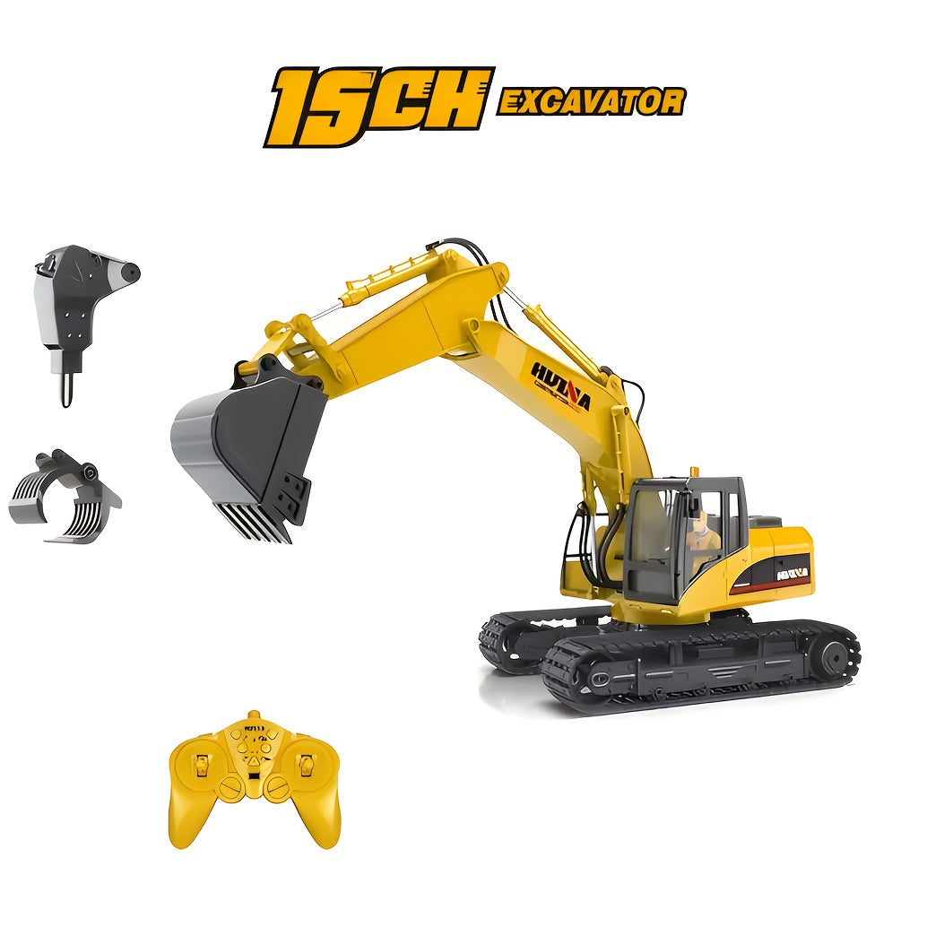 1:14 Scale Three-in-One Remote Control Excavator Toy, 15 Channels, Equipped with Metal Shovel, Drill and Claw Construction Toy, USB Rechargeable Dual Batteries, 2.4GHz Wireless Key Control, Perfect Ideal Gift