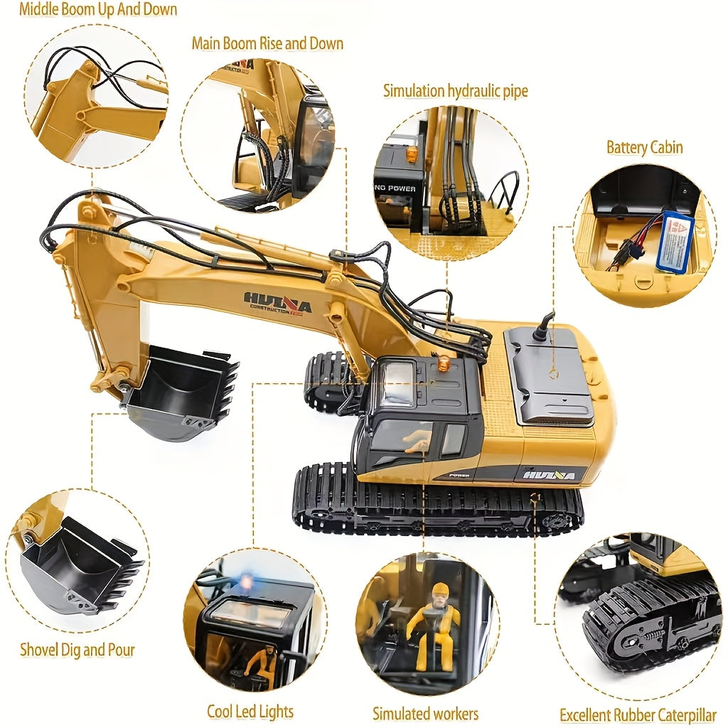 1:14 Scale Three-in-One Remote Control Excavator Toy, 15 Channels, Equipped with Metal Shovel, Drill and Claw Construction Toy, USB Rechargeable Dual Batteries, 2.4GHz Wireless Key Control, Perfect Ideal Gift