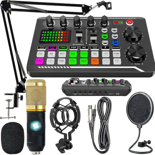 High-end Professional Podcast Equipment Kit, Sound Card with BM800 Recording Studio Microphone, Professional Live Sound Card W/Dj Mixer Effects & Voice Changer for Recording, Singing, Live Broadcasting And Gaming