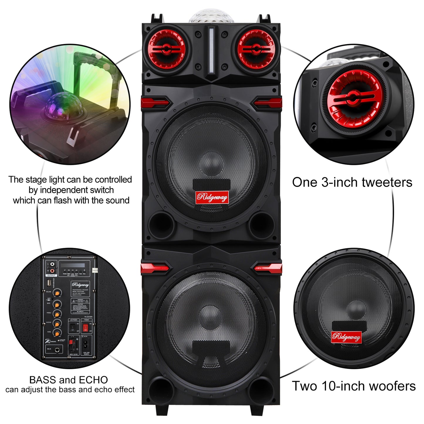 Sound Portable Party Bluetooth Speakers Loud Sound Powerful, DJ Sound Stereo Loud Bass Karaoke Machine with Sound Reactive Party Lights, USB/SD Input and Telescopic Pull Rod, Remote Control