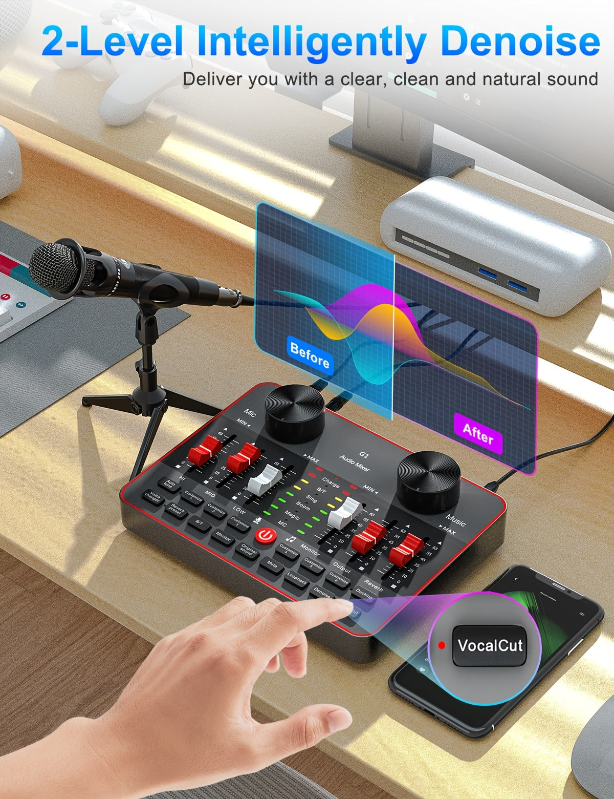 All-in-One Podcast Equipment with Audio Interface DJ Mixer with 2 Condenser Microphones, Recording Studio Kit Live Sound Card for Singing Broadcast, Live Streaming, Gaming