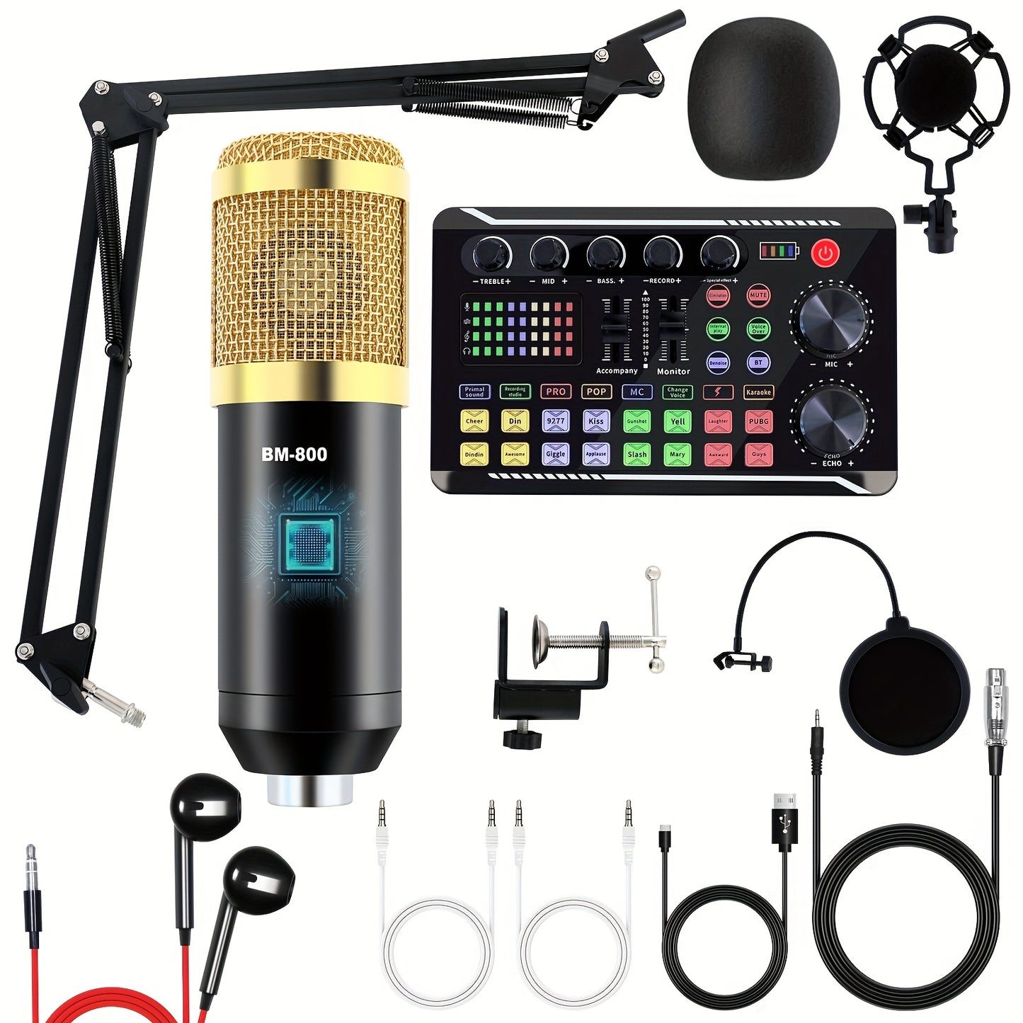 High-end Professional Podcast Equipment Kit, Sound Card with BM800 Recording Studio Microphone, Professional Live Sound Card W/Dj Mixer Effects & Voice Changer for Recording, Singing, Live Broadcasting And Gaming