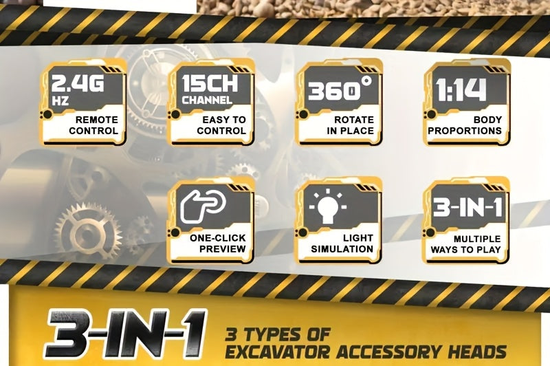1:14 Scale Three-in-One Remote Control Excavator Toy, 15 Channels, Equipped with Metal Shovel, Drill and Claw Construction Toy, USB Rechargeable Dual Batteries, 2.4GHz Wireless Key Control, Perfect Ideal Gift