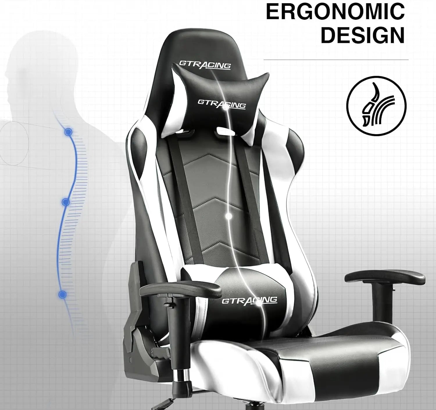 Gaming Chair, Ergonomic Recliner with Adjustable Backrest, Height, Headrest & Lumbar Support, Swivel Esports Chair (White)