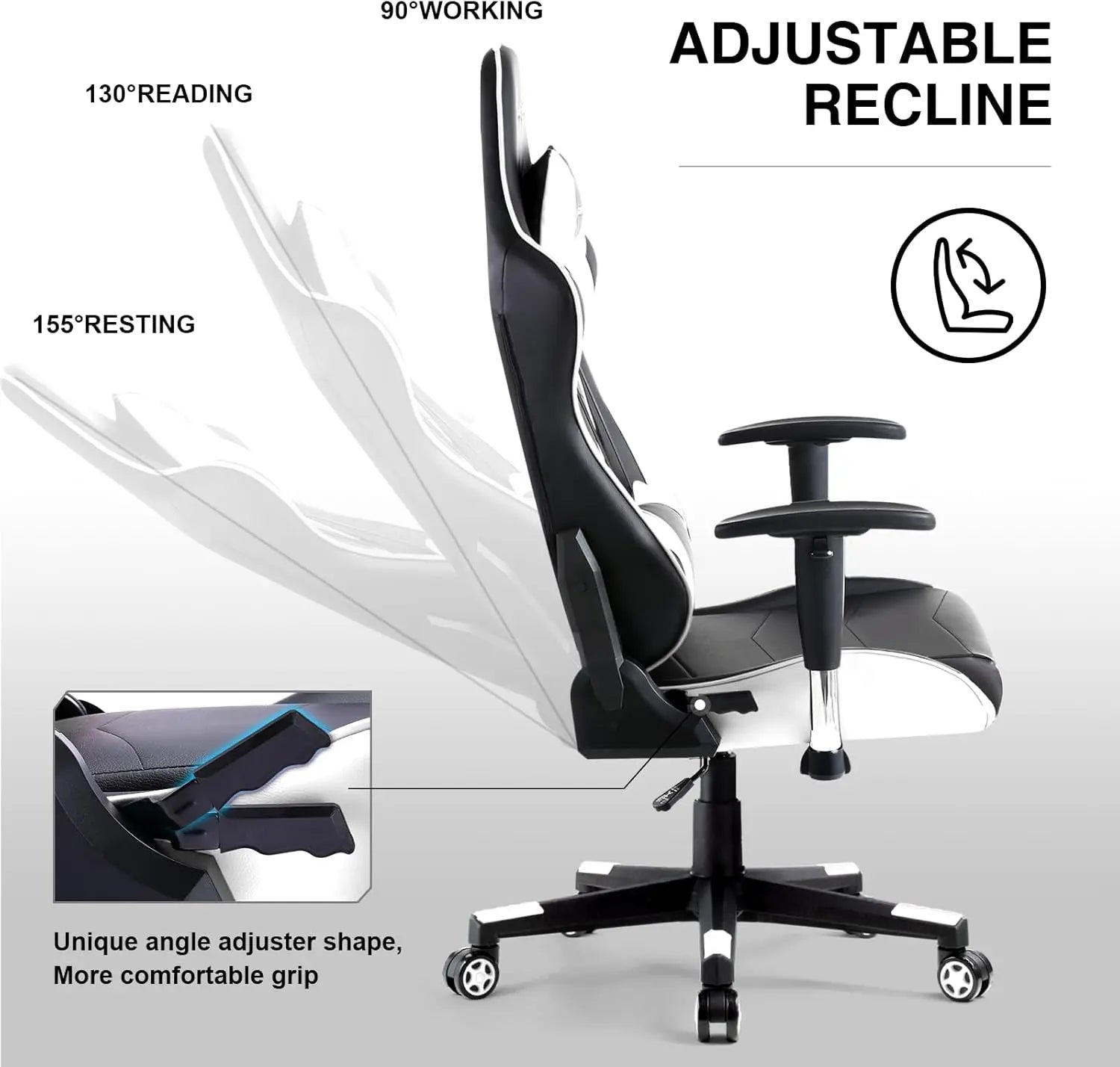 Gaming Chair, Ergonomic Recliner with Adjustable Backrest, Height, Headrest & Lumbar Support, Swivel Esports Chair (White)