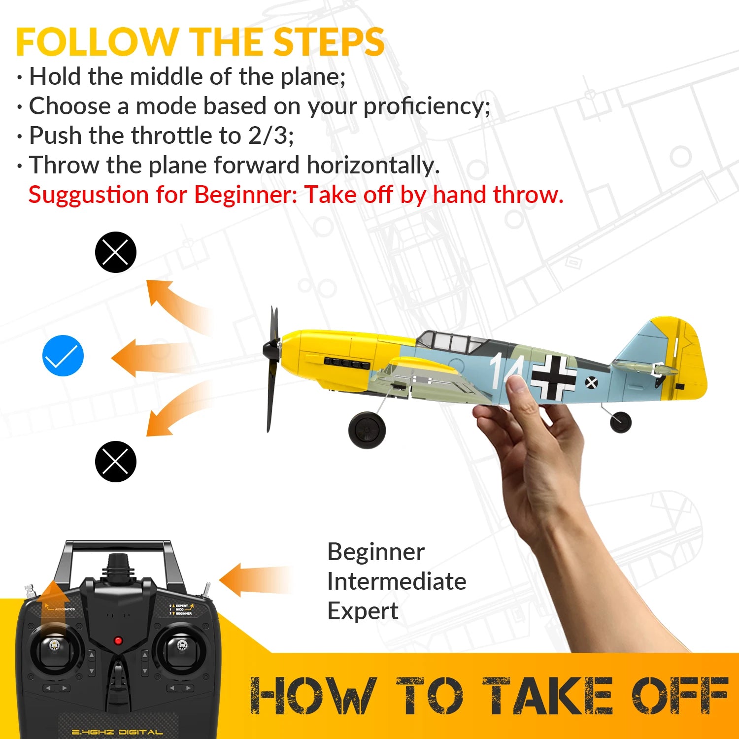 VOLANTEXRC RC Plane, 4 Channel Remote Control Airplane BF109 Fighter RTF with Aileron, Gyro, Aerobatics & 3 Modes Easy to Fly
