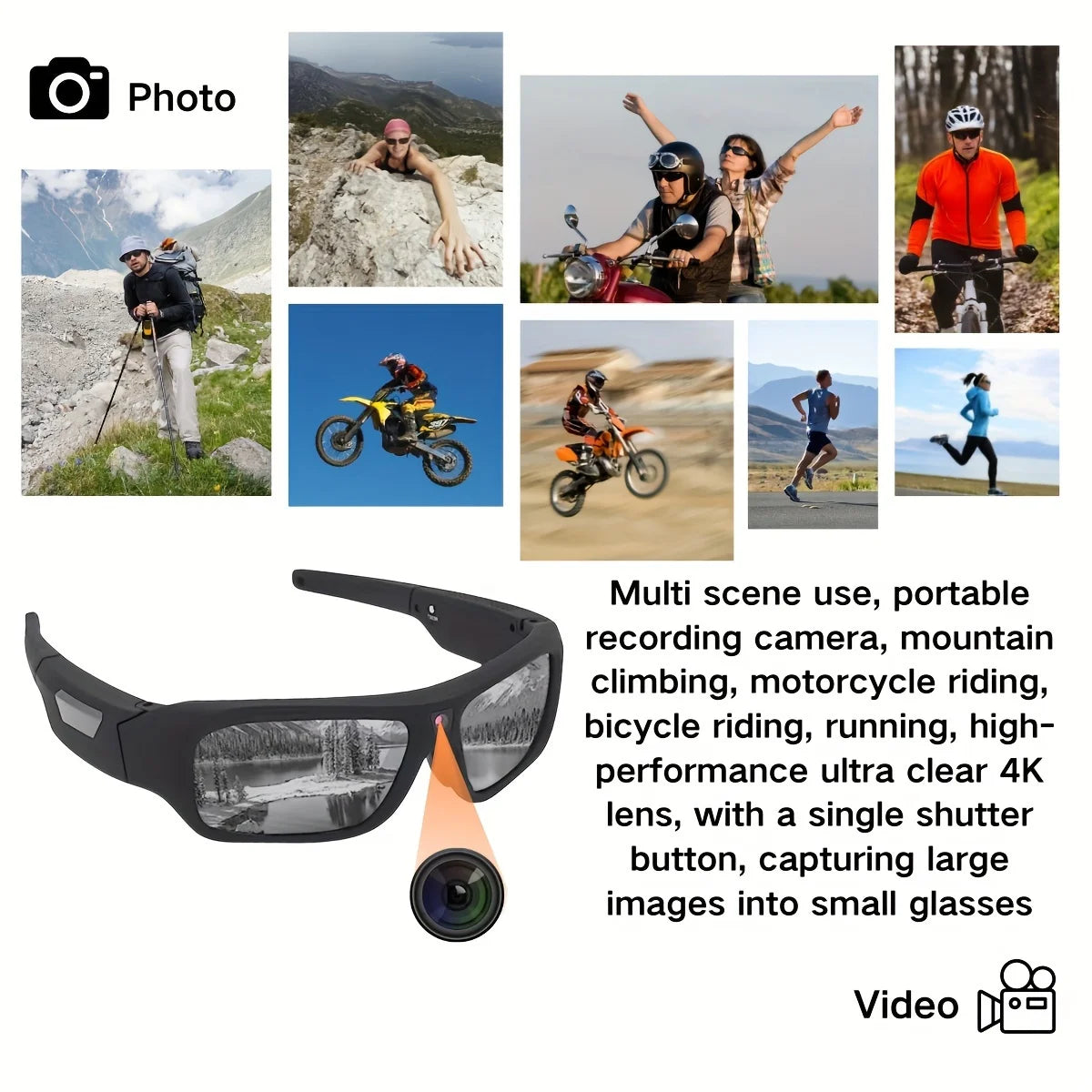 4K Video Glasses HD Smart Glasses Sports Outdoor Portable Motorcycle And Bicycle Recorder Camera 2hour Video Recording Time