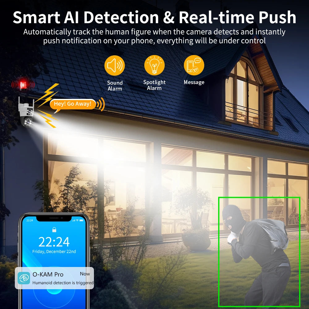 Dual Lens Security Camera Outdoor, 1080P, Starlight Color Night Vision, Pan/Tilt, Light & Siren Alarm, 2-Way Audio