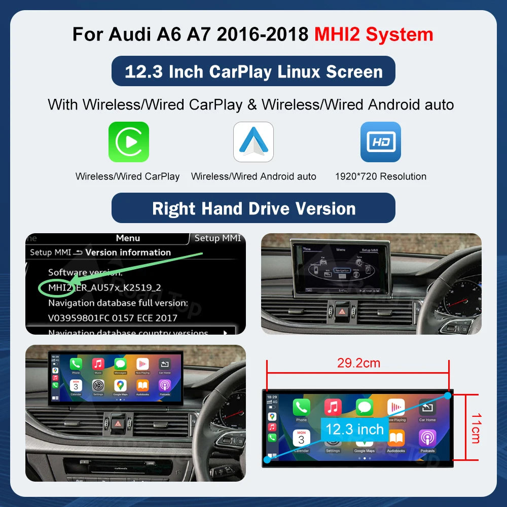 12.3'' Touch Screen Multimedia Display for Audi A6 A7 3G MMI HN+ RMC MHI2011-2018 with Airplay Wireless Carplay And Android Auto