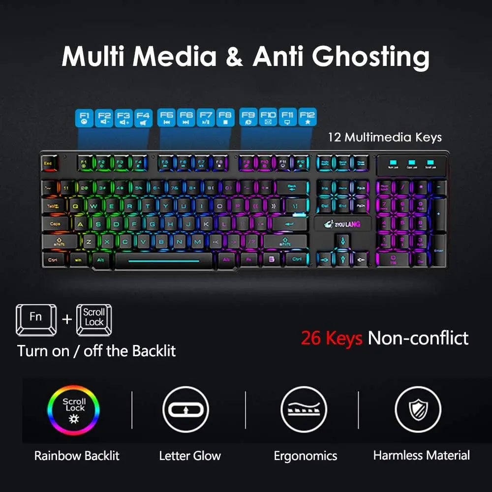 MAMBASNAKE x ZIYOU LANG T3 Wireless Gaming Keyboard and Mouse Combo Rainbow Backlight