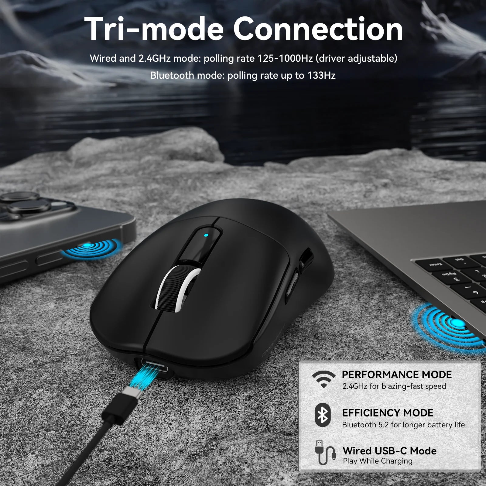 Wireless Gaming Mouse with Lightweight 39g, Pix Art PAW3395 PRO Sensor 40K DPI, Tri Mode-,100M Clicks Micro Switch