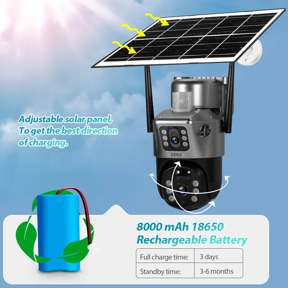 KERUI WIFI Solar Panel Dual Lens Camera Outdoor PTZ 4MP 2K 4G SIM Home Security CCTV Video Surveillance Monitor Built-in Battery