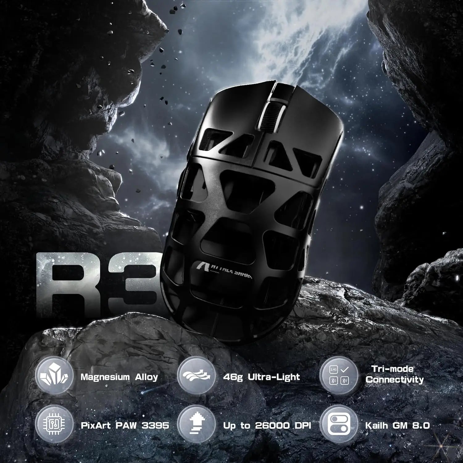 Wireless Gaming Mouse, Up to 26K DPI 8KHz Return Rate, Magnesium Alloy 46G Ultralight Hollowed Design, Tri