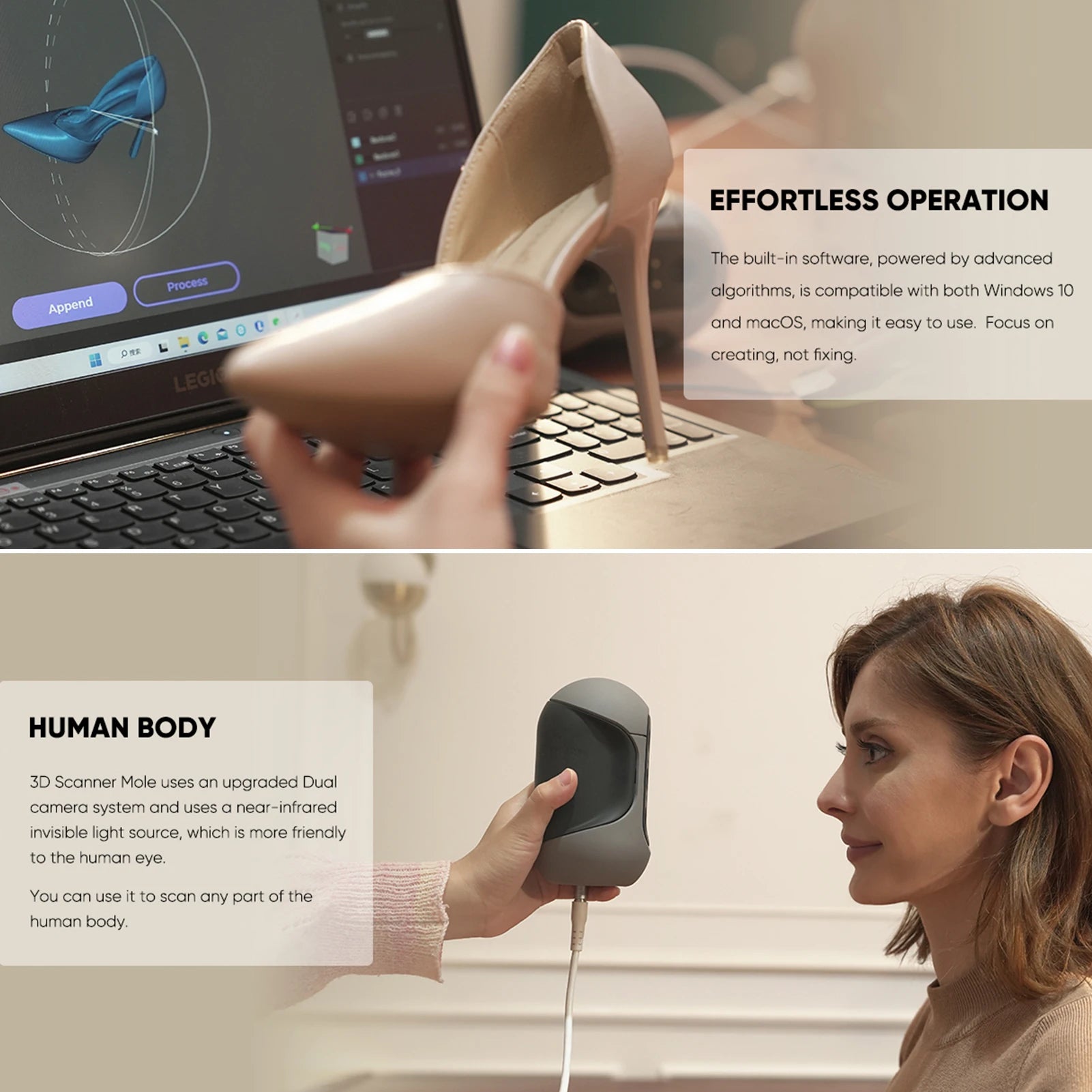 3DMakerpro Mole Handheld 3D Scanner for 3D Printer 0.05mm Accuracy & 0.1mm Resolution 10FPS Scanning Black Objects with Anti-Sha