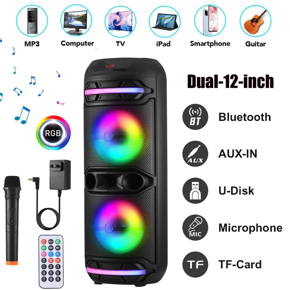 Dual 12" Bluetooth Speaker Loudest/Massive Big Party Boombox Portable Speaker Wireless  Subwoofer