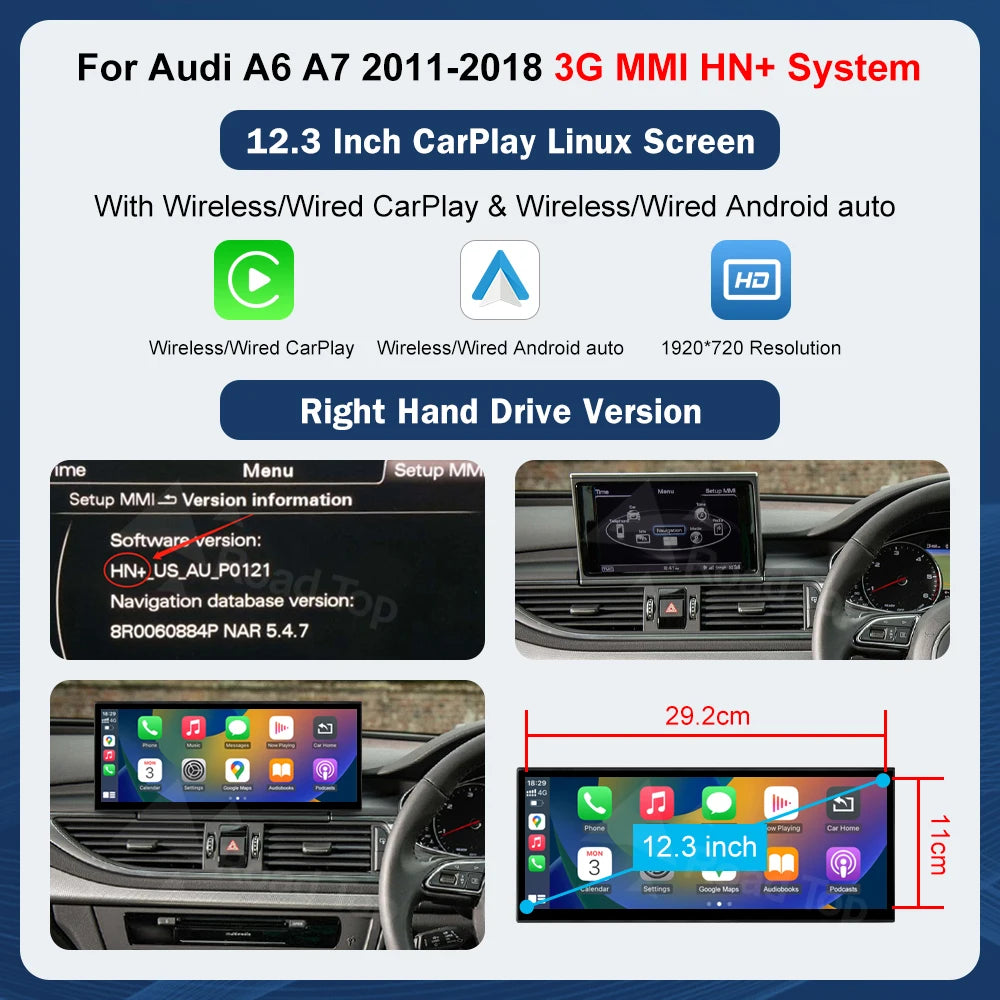 12.3'' Touch Screen Multimedia Display for Audi A6 A7 3G MMI HN+ RMC MHI2011-2018 with Airplay Wireless Carplay And Android Auto