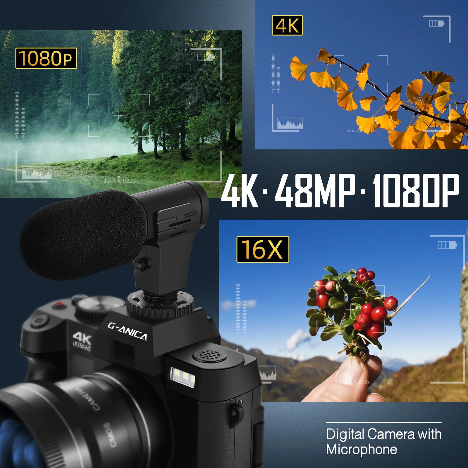 4K Digital Cameras for Photography 48MP Camera with Microphone 3-Color Filter Video Camera with Wide-Angle & Macro Lens