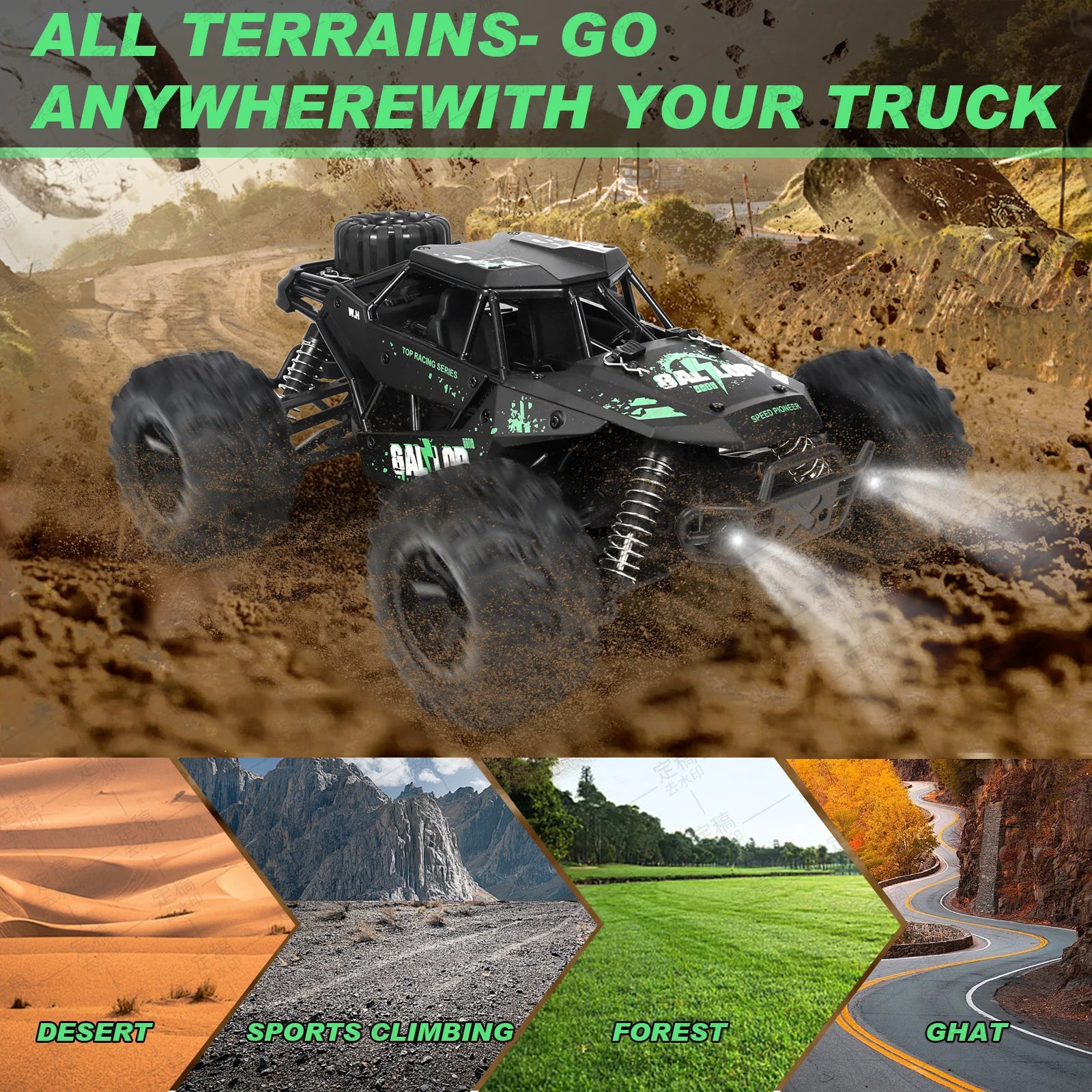 1:16 Fast Brush RC Trucks for Adults Max 50+ MPH, 1 AA Lithium Battery, Waterproof Remote Control Car Sand, Snow and Mud (Green)