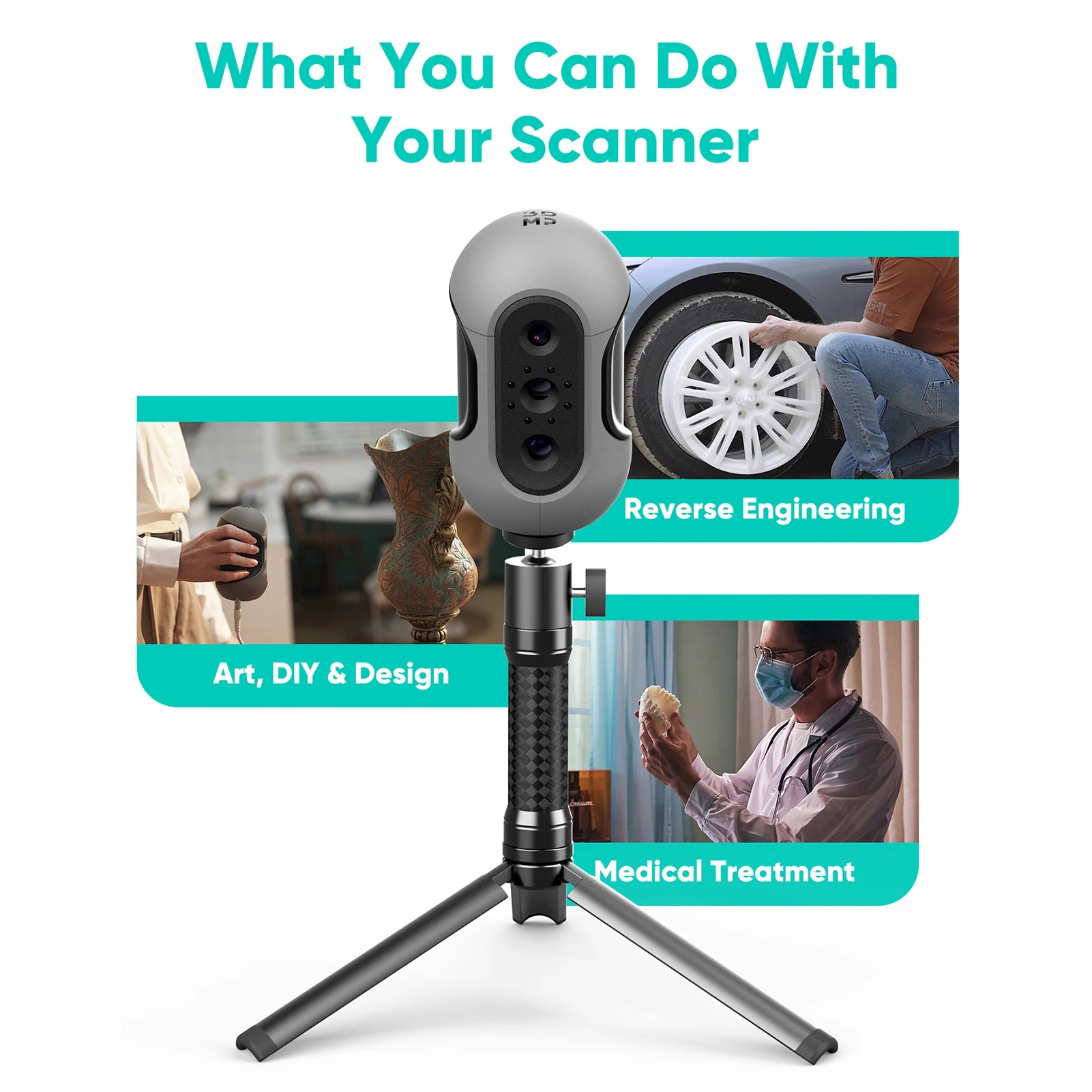 3DMakerpro Mole Handheld 3D Scanner for 3D Printer 0.05mm Accuracy & 0.1mm Resolution 10FPS Scanning Black Objects with Anti-Sha