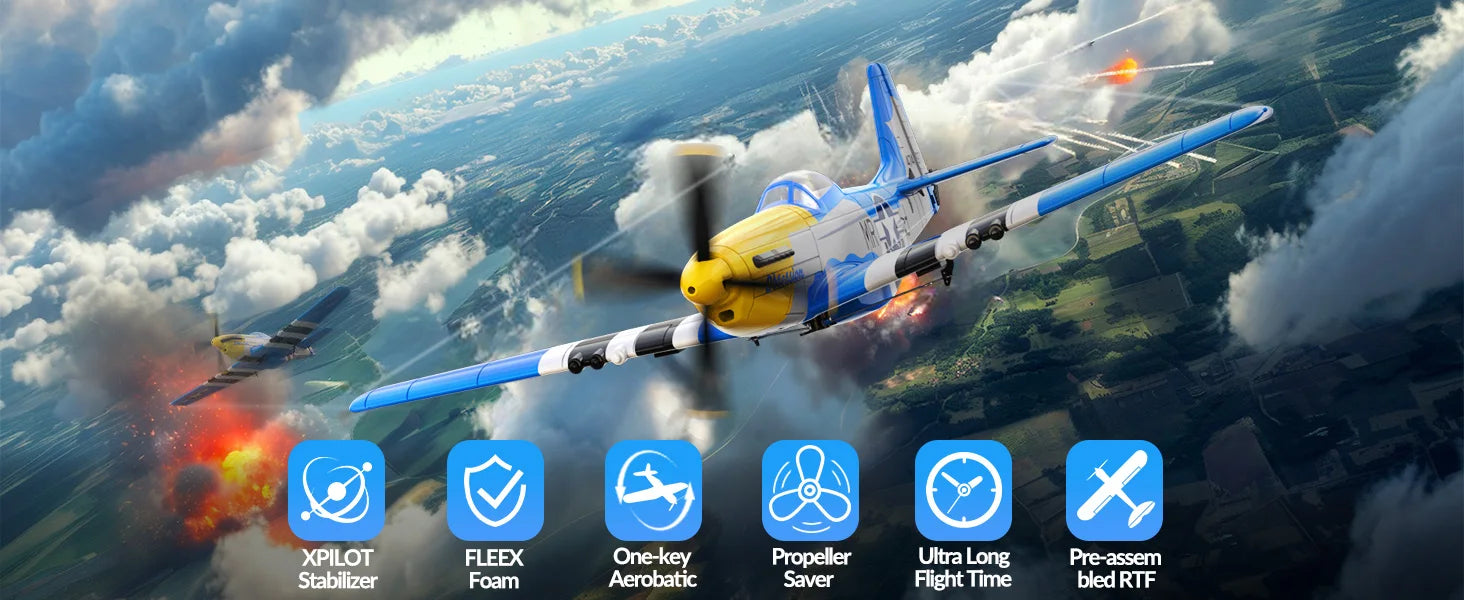 Volantexrc RC Planes for Adults,RTF P-51D Mustang RC Airplane, One-Key Aerobatic, 6-Axis Gyro, Suitable for Outdoors and Gifts