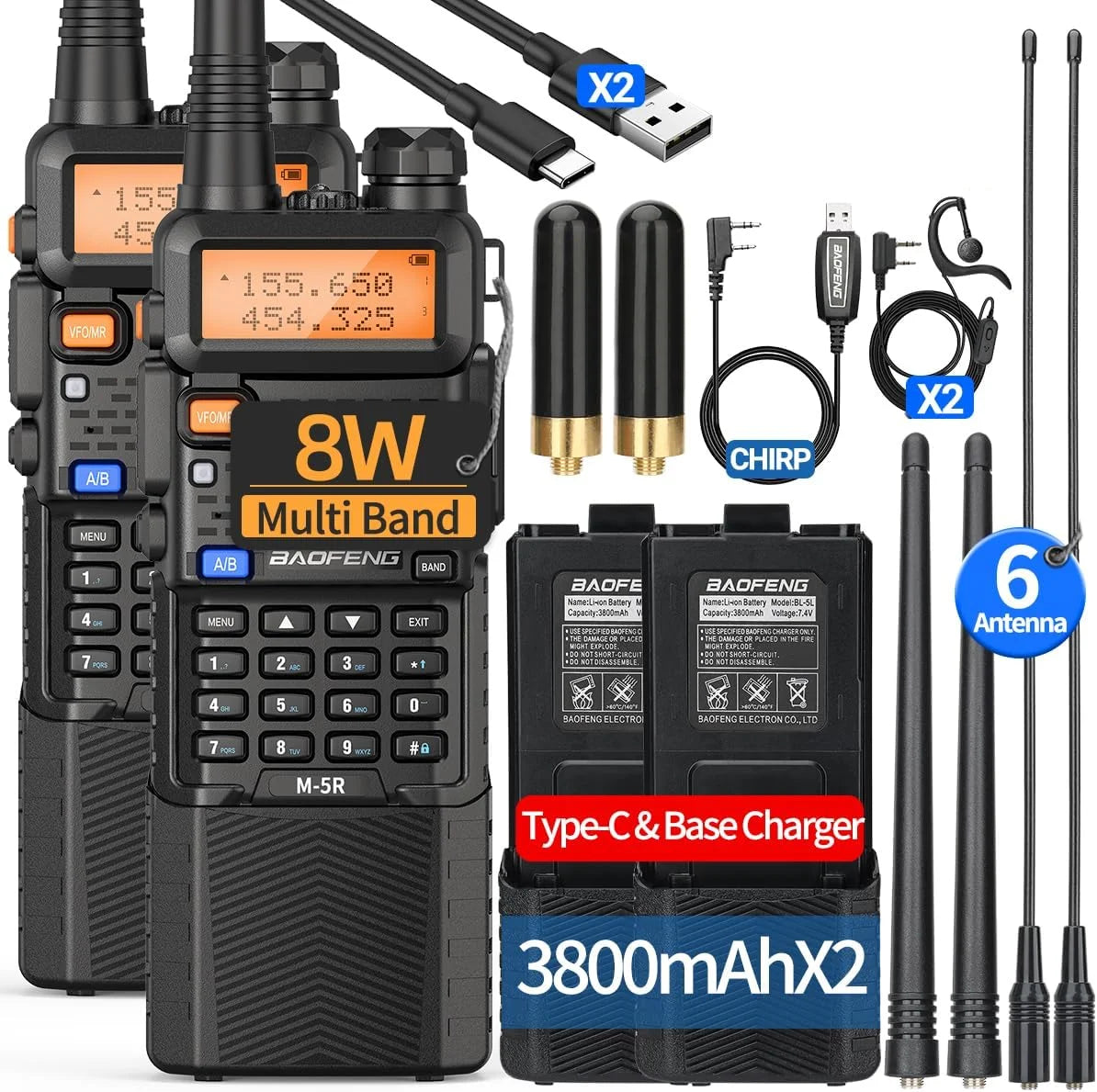 2X M-5R 8W Walkie Talkie 3800mAh Battery Multi Band AM Type-C USB Copy Upgraded UV-5R UV5R Long Range Two Way Ham Radio