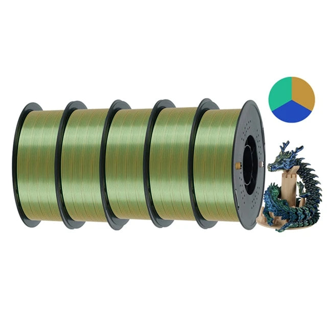 KINGROON 5KG Silk Tricolor PLA Filament 1.75mm, Three-colour Coextrusion 3D Printing Material, New Color Change, 5Roll 1kg/Spool