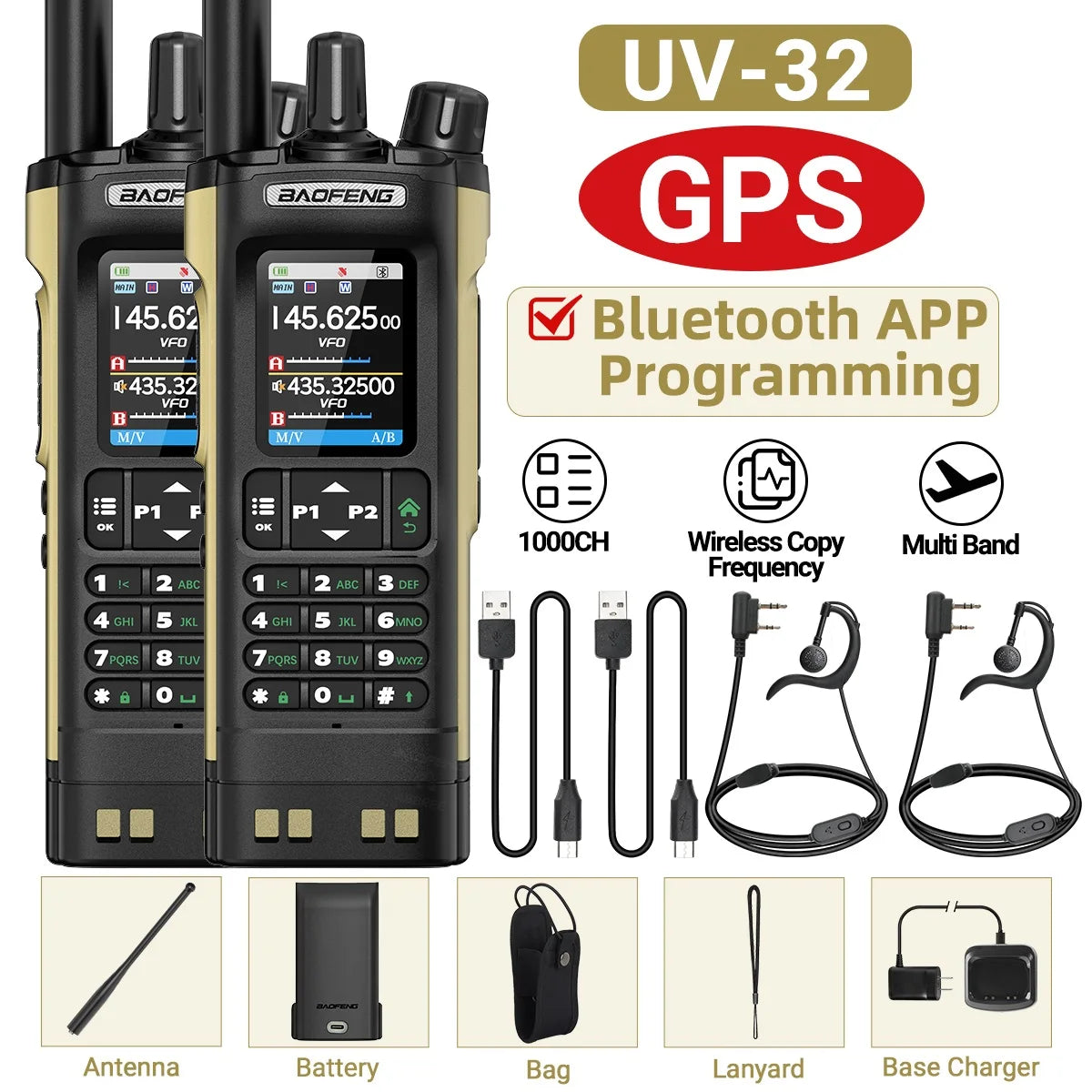 UV-32 GPS Walkie Talkie 10W Long Range Multi Band Bluetooth APP Programming Wireless Copy Frequency Type-C Two Way Radio