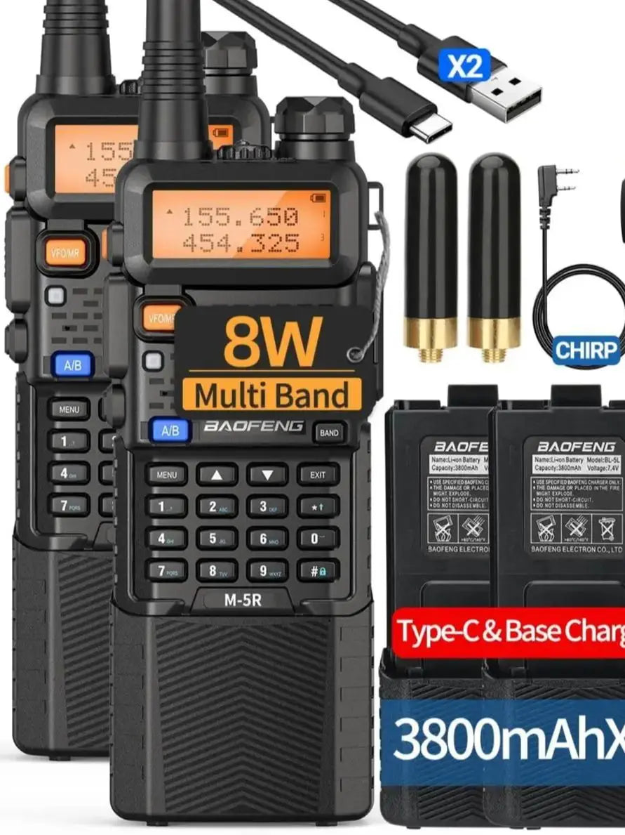 2X M-5R 8W Walkie Talkie 3800mAh Battery Multi Band AM Type-C USB Copy Upgraded UV-5R UV5R Long Range Two Way Ham Radio