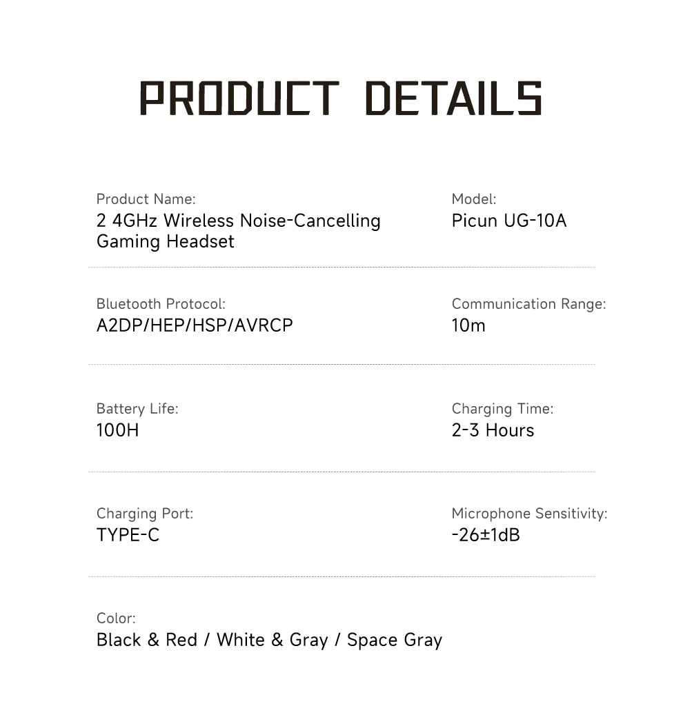 Picun UG-10A Gaming Wireless Headphone with Mic Over-Ear Headset 56dB Bluetooth 6.0 40mm Driver 2.4G/Wireless/Cable Earphones