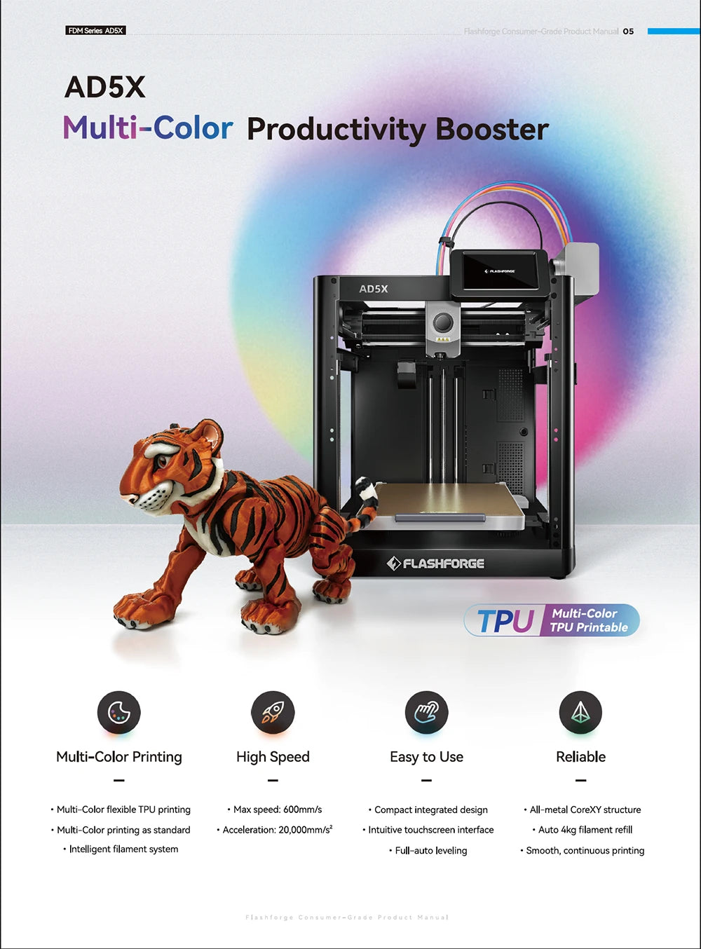 FLASHFORGE AD5X 3d Printer Multi-Color Printing Intelligent Filament System One-Click Auto Leveling Group Control