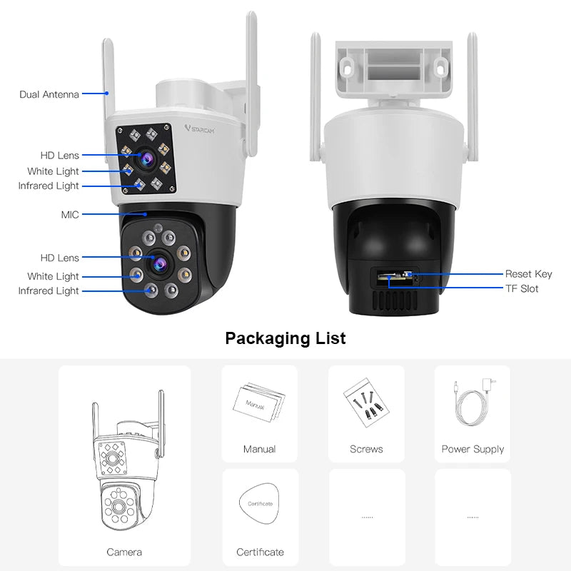 Dual Lens Security Camera Outdoor, 1080P, Starlight Color Night Vision, Pan/Tilt, Light & Siren Alarm, 2-Way Audio