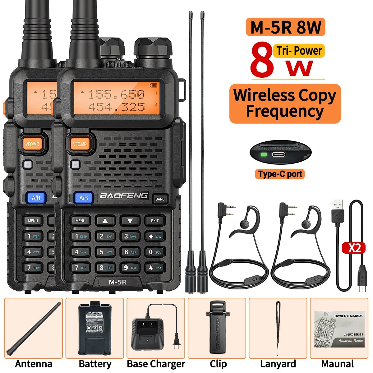 1/2PCS  8W Walkie Talkie Multi Band Type-C Wireless Copy Frequency AM Long Range For UV-5R Two Way Ham Radio