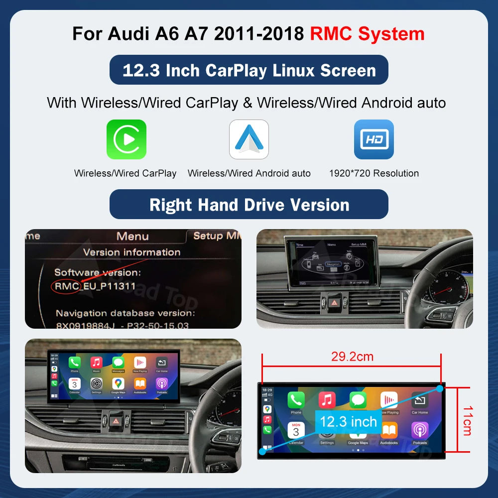 12.3'' Touch Screen Multimedia Display for Audi A6 A7 3G MMI HN+ RMC MHI2011-2018 with Airplay Wireless Carplay And Android Auto