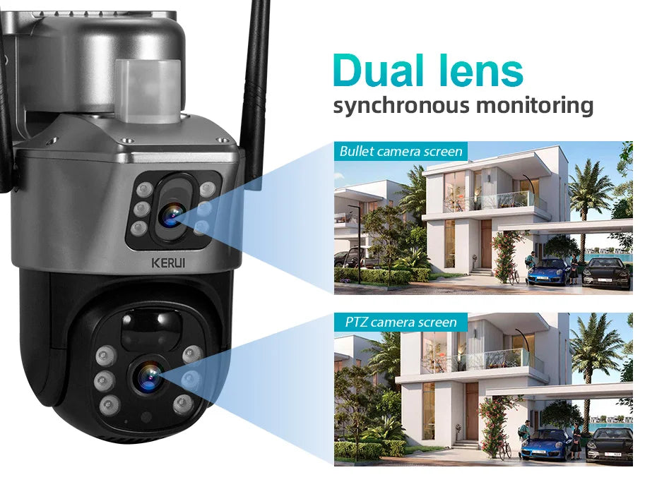 KERUI WIFI Solar Panel Dual Lens Camera Outdoor PTZ 4MP 2K 4G SIM Home Security CCTV Video Surveillance Monitor Built-in Battery