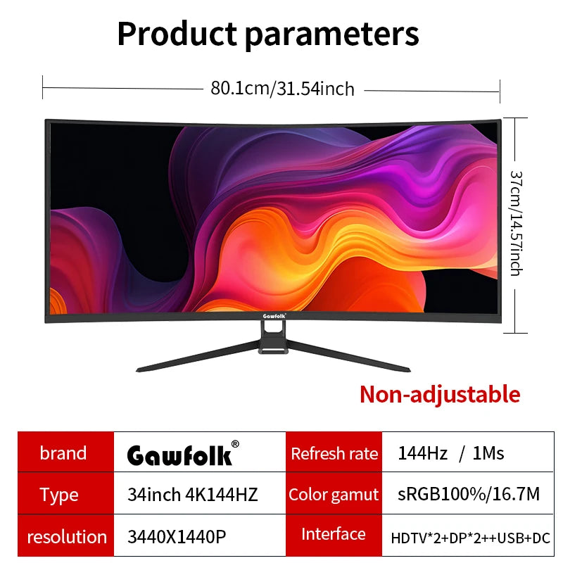 34" Monitor 144Hz Bandfish Screen Curved 1500R Gaming Bezel-less Slim 400HDR Nits 100% SRGB Wide Color Gamut FAsT VA Te