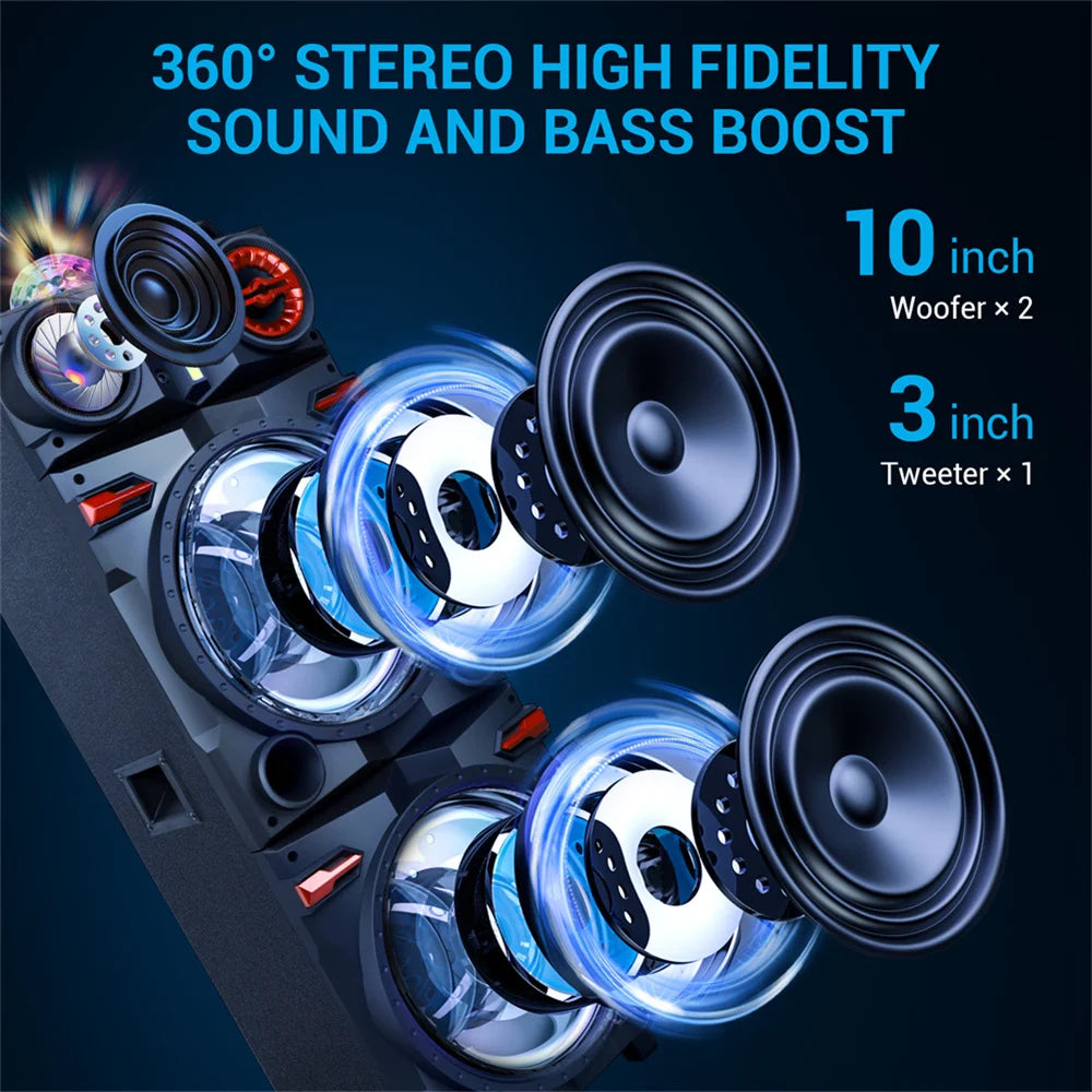 9000W Portable Bluetooth Speaker Heavy Bass Sound System Party Dual10" Subwoofer Led Light Rechargeable Loud Dj Speaker