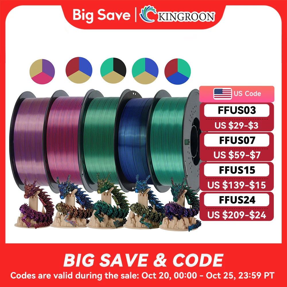 KINGROON 5KG Silk Tricolor PLA Filament 1.75mm, Three-colour Coextrusion 3D Printing Material, New Color Change, 5Roll 1kg/Spool